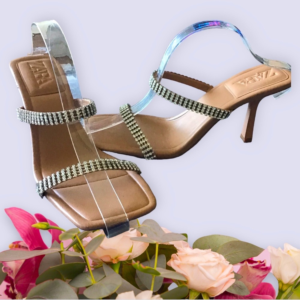 ZARA Slides 2 Strap Open Toe Silver Rhinestones 3” Heel